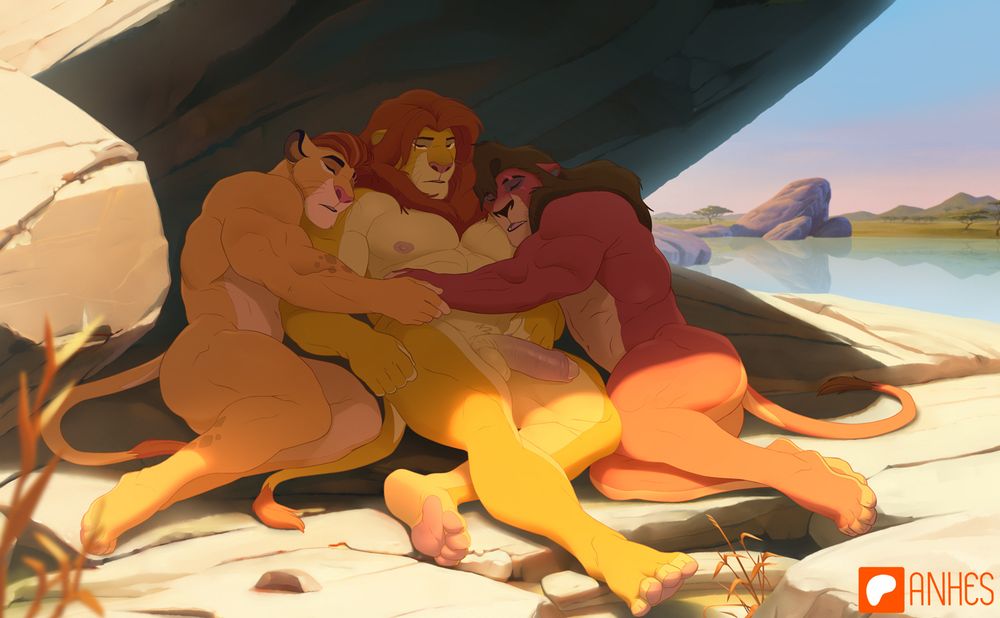 Anthro Simba, Kovu and Kion napping together.