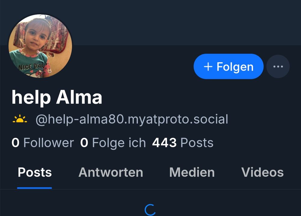 Account help Alma mit dem Gesicht eines Kindes im Header - 0 Follower, 0 Follows