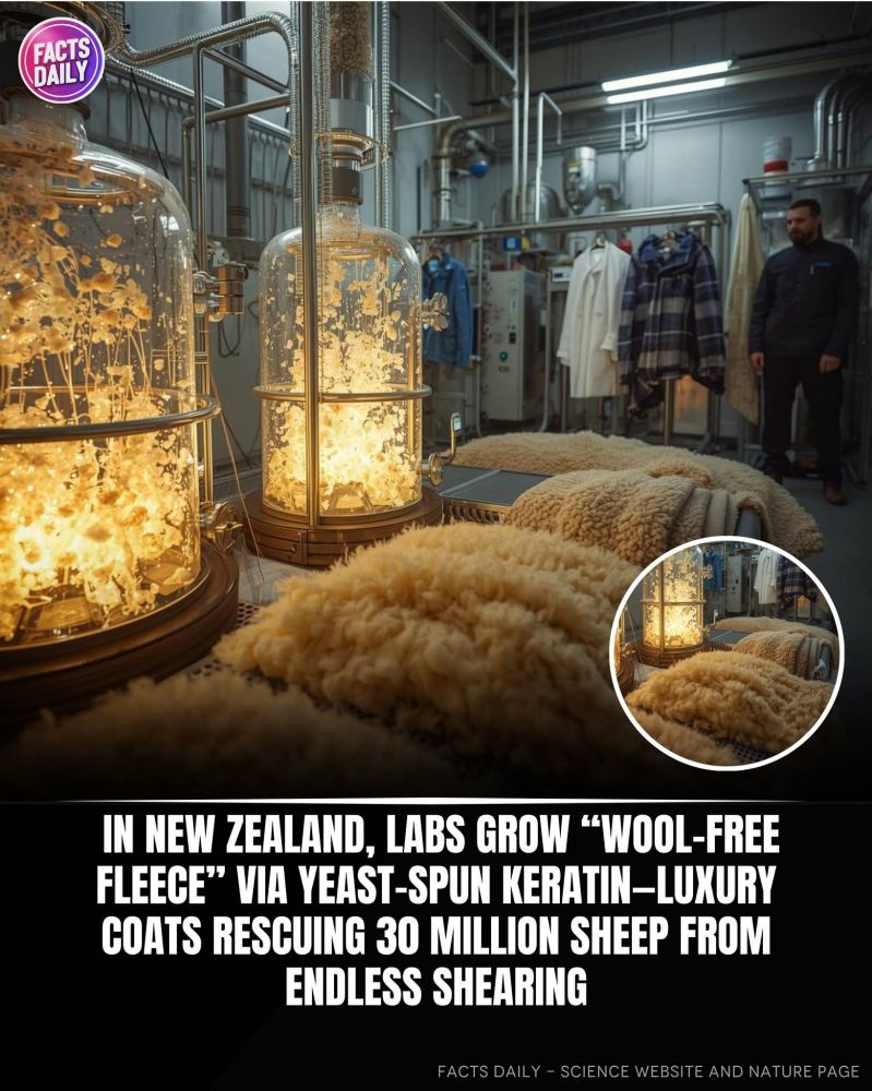 In New Zealand, labs grow "wool-free fleece"  via yeast-spun keratin-luxury coats rescuing 30 million sheep from endless shearing

Der Text ist illustriert mit einer Abbildung von zwei Glascontainern, die innen beleuchtet sind, darin scheint etwas zu wachsen, allerdings weiß-gelblich. Im Vordergrund liegt etwas Hellbeiges, Fellartiges, im Hintergrund steht ein Mann vor irgendwelchen Kleidungsstücken