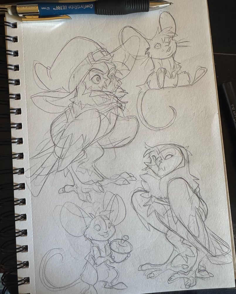 Sketch page of owls and mice 