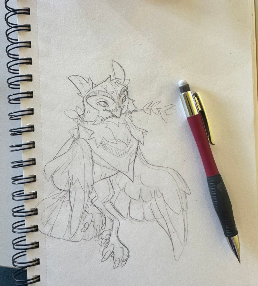 Light sketch of an owl with a branch in its beak