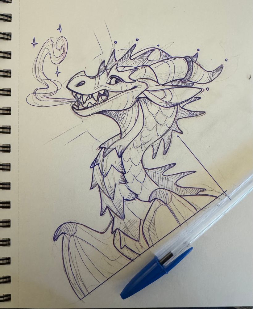 Ink drawing of a dragon breathing smoke 
