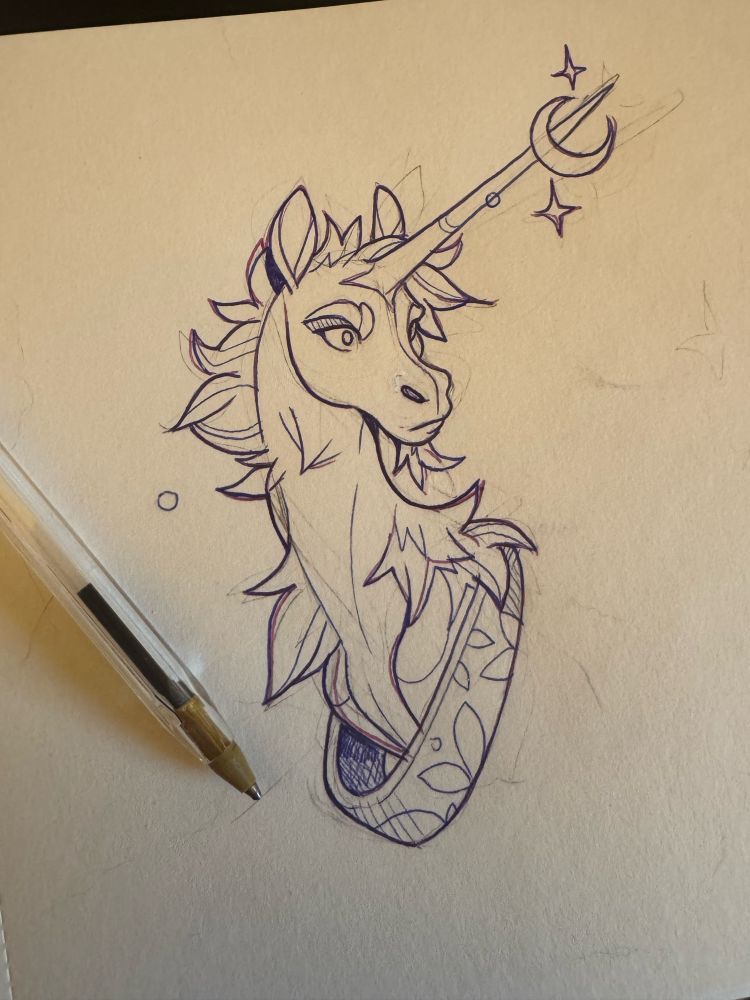 Sketch of a unicorn head in ballpoint pen 