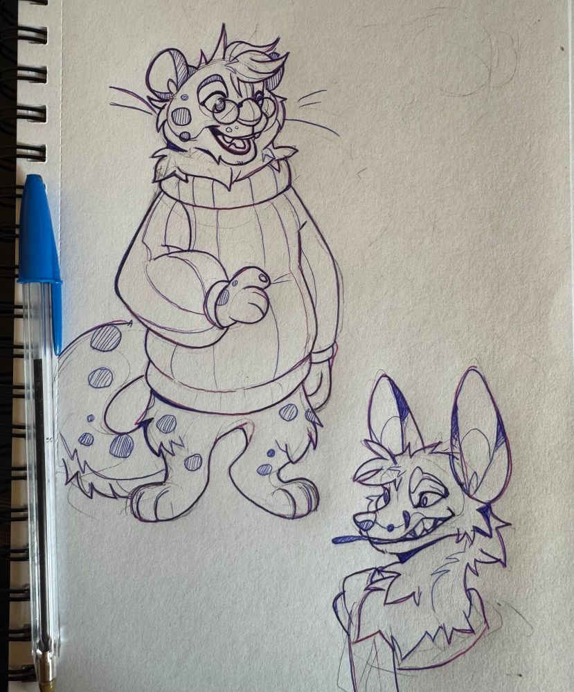 Snow leopard in a sweater sketch and a fox with a toothpick 