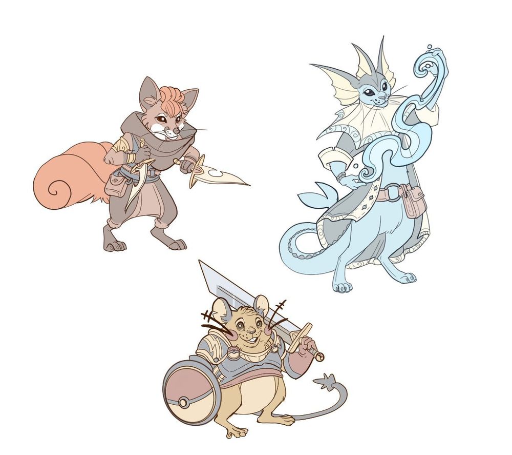 drawing of a vulpix vaporeon and dennede in dungeons and dragons style
