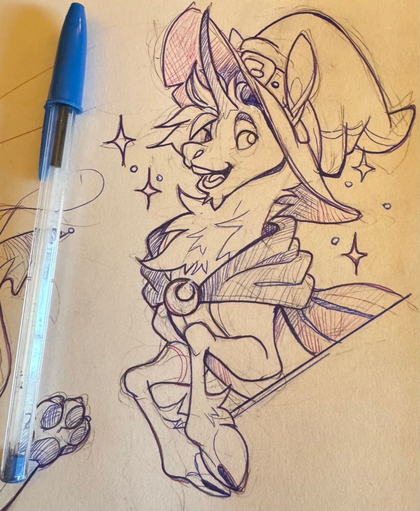Ink drawing of a unicorn wearing a magic hat and cape