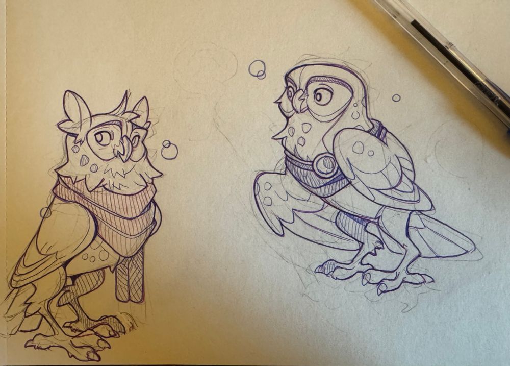 Sketch of two owls wearing scarves 