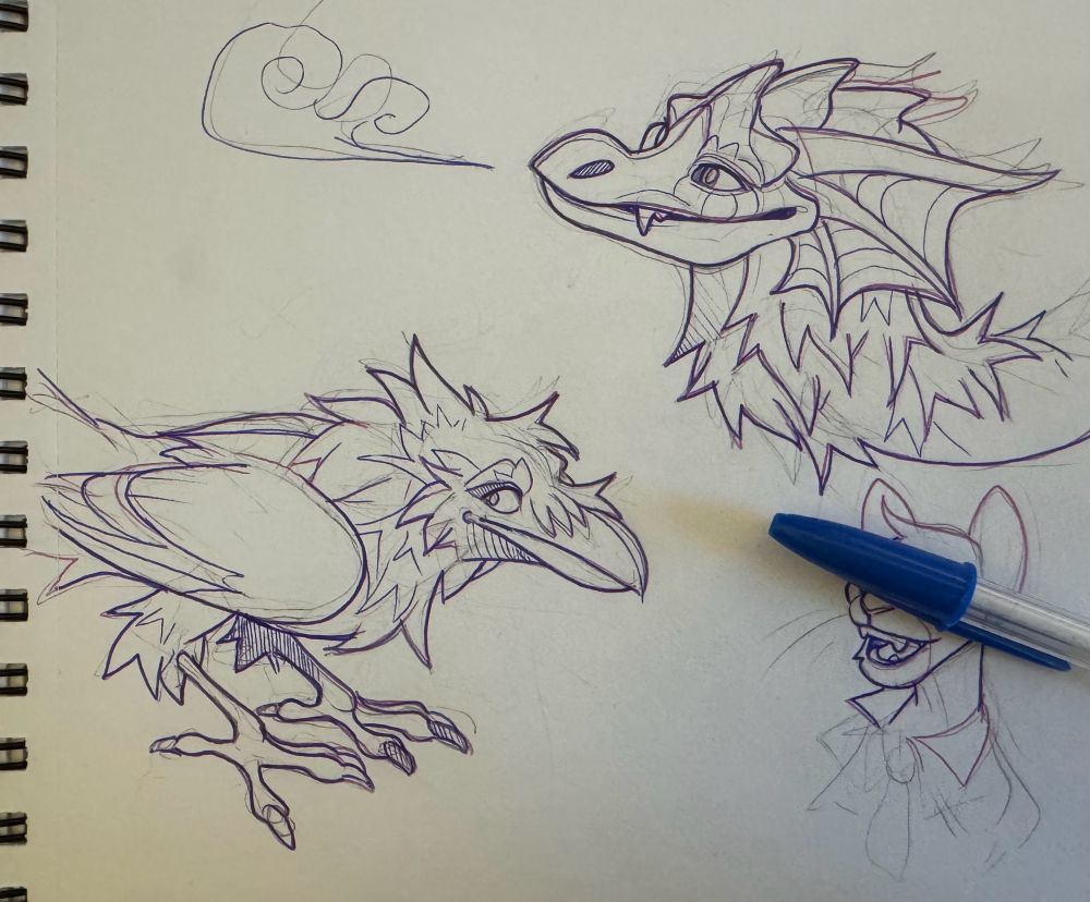 Sketchbook page with a crow and head of a dragon 