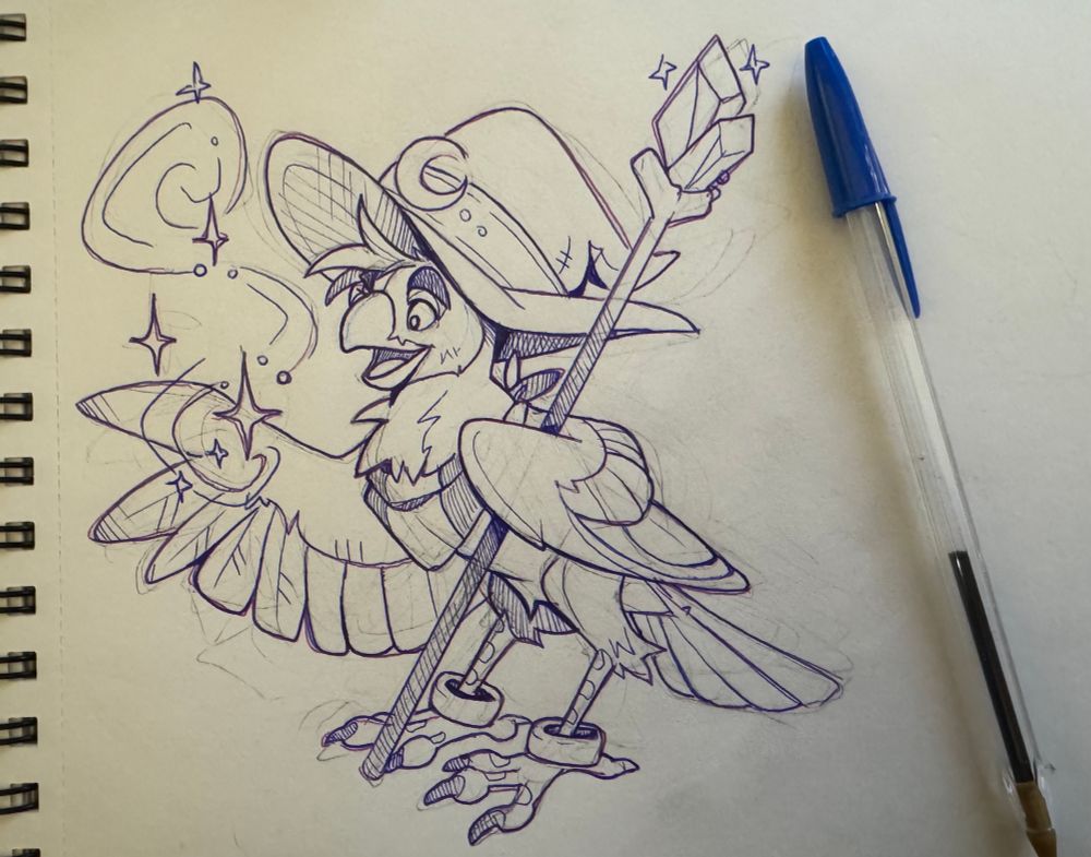Ink drawing of a bird casting magic 