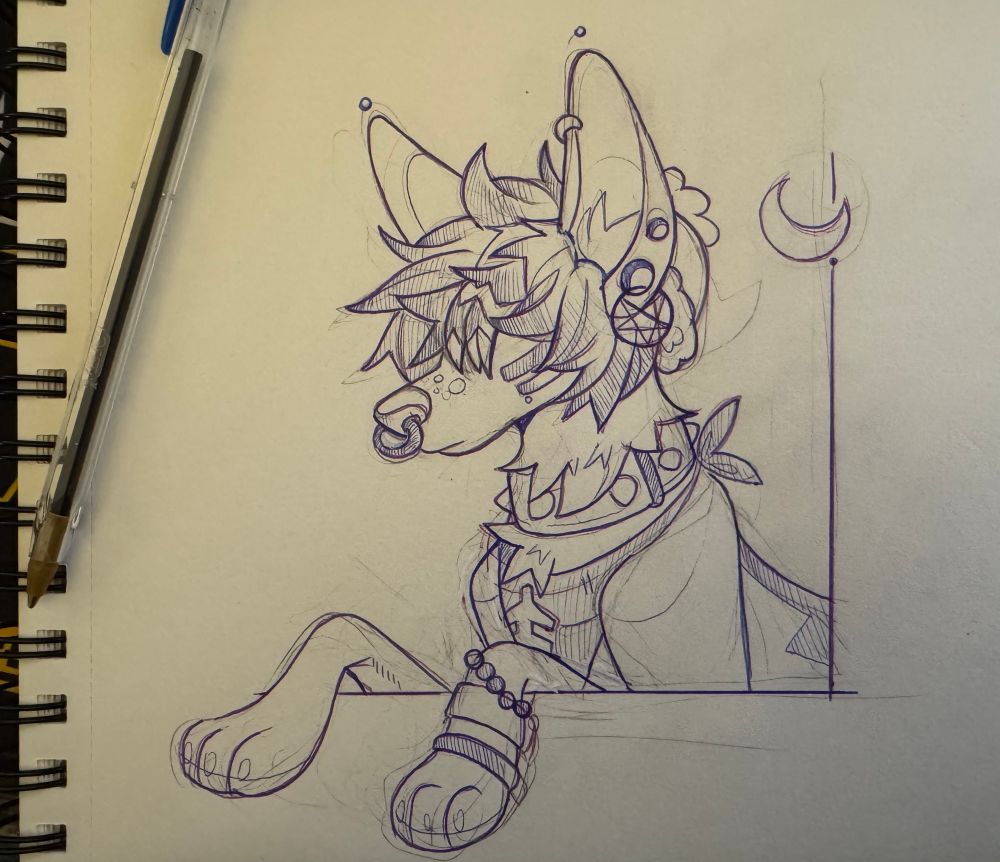 Ink drawing of a dog with bangs over eyes 