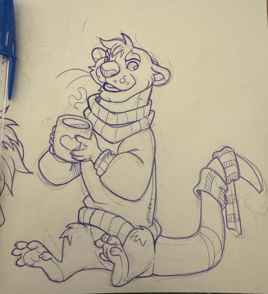 Sketch of an otter in a sweater with a cup of coffee