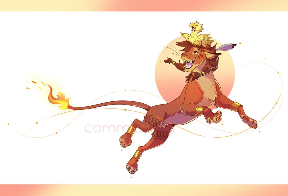 Red XIII jumping up joyful with a chocobo on his head 