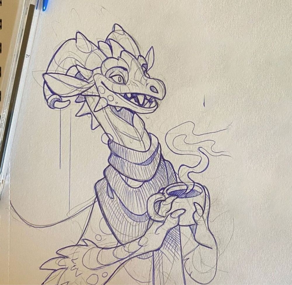sketch of a dragon drinkin coffee
