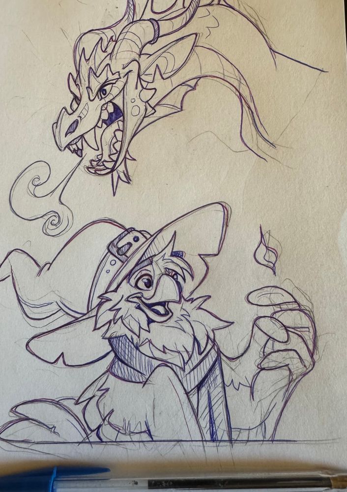 Sketch page of a dragon head and bird wizard