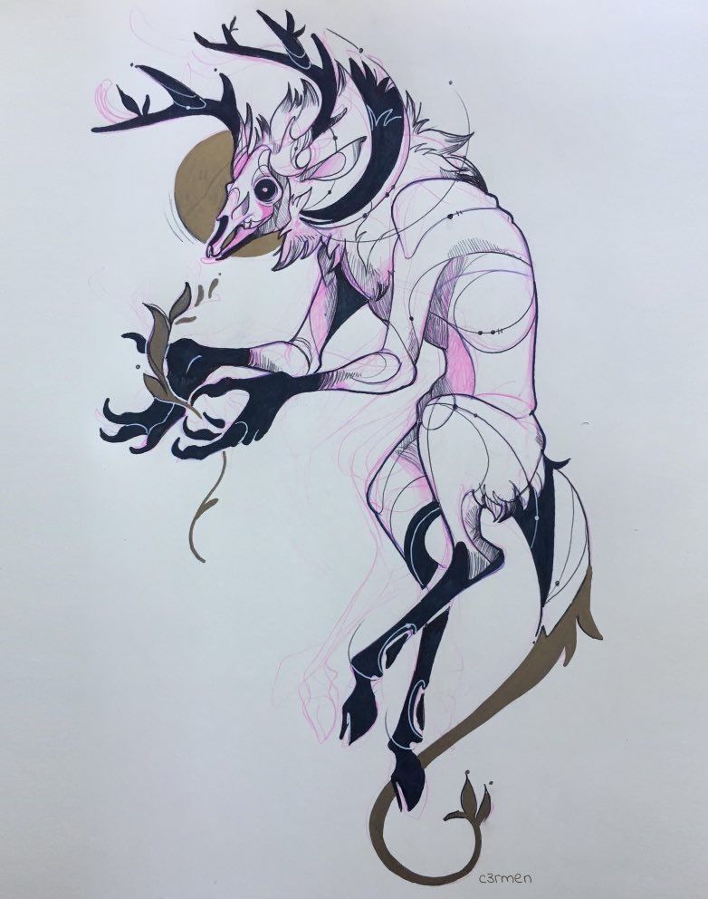 drawing of a skull deer like creature, holding a plant in its claws
