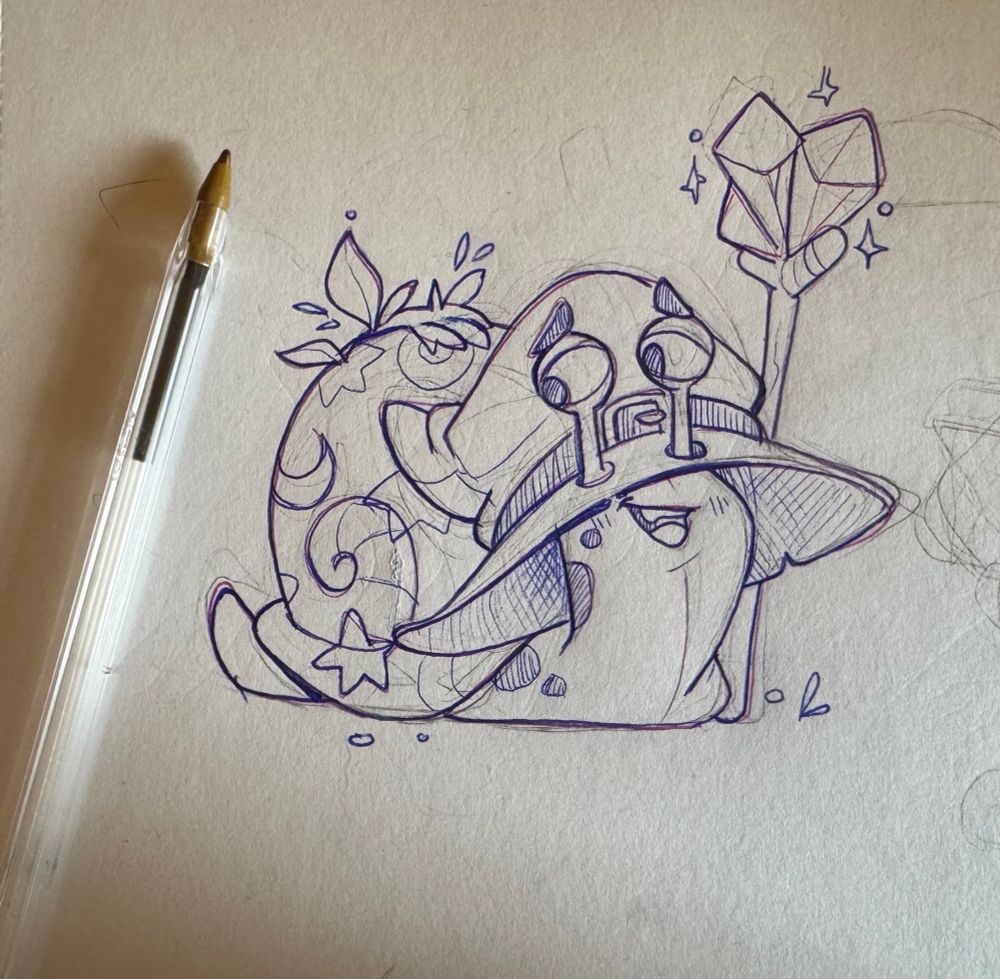 Ink drawing of a snail wizard 