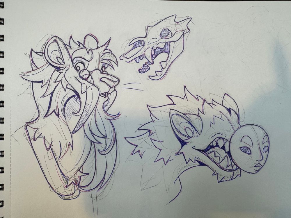 Sketchpage of a cat like beast wearing glasses, a skull head and a toothy monster with a mask 