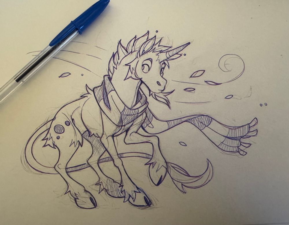 Ink drawing of a unicorn in the wind wearing a scarf