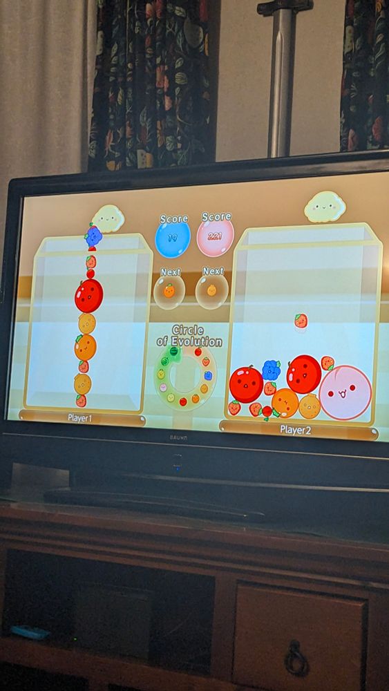 Suika game fruits stacked to the point of failing 