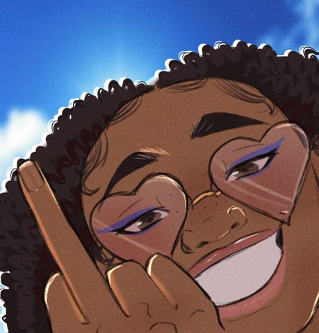 Black teen girl wearing glasses grins at the camera while bearing her middle finger