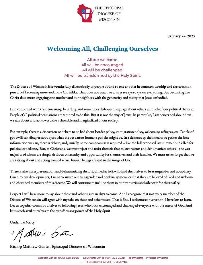 Letter from Bishop Gunter of the Episcopal Diocese of Wisconsin expressing support for immigrants, refugees, transgender and nonbinary people 