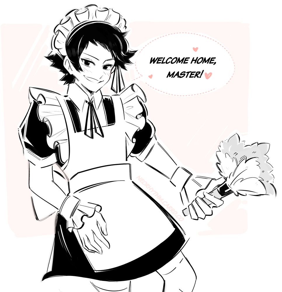 Scott Pilgrim series fanart. Wallace Wells is smiling and wearing a maid dress. His dialogue reads "Welcome home, Master!" 