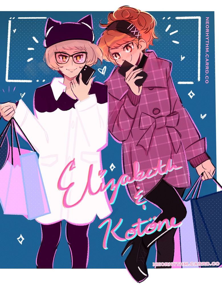 Persona 3 fanart of Elizabeth and Kotone Shiomi. They are standing side-by-side and are carrying an assortment of shopping bags. Elizabeth is wearing large designer glasses, a white winter dress and a hat with cat ears. Kotone is wearing a long plaid winter coat and platform stiletto boots. Both are smiling and are posing like they are models in a magazine. 

The artist signature reads neorhythm.carrd.co