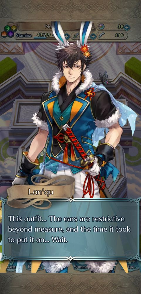 Fire Emblem Heroes screenshot. Bunny Lon'qu's dialogue reads: "This outfit...The ears are restrictive beyond measure, and the time it took to put it on...Wait."