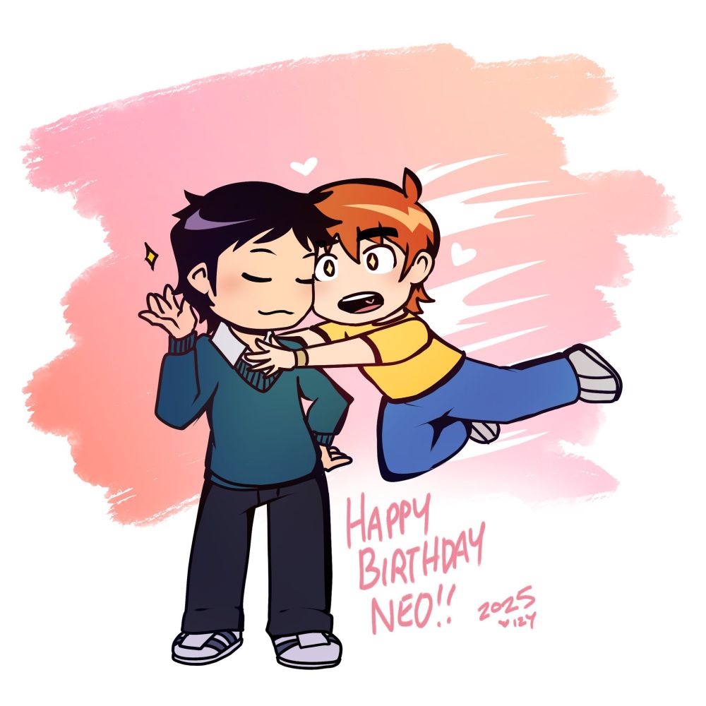 Fanart of Wallace Wells and Scott Pilgrim by zzsleeps. Wallace is striking up a cool sparkling pose as Scott bolts toward him for a hug. The on screen text reads "Happy Birthday, Neo!!!!" 