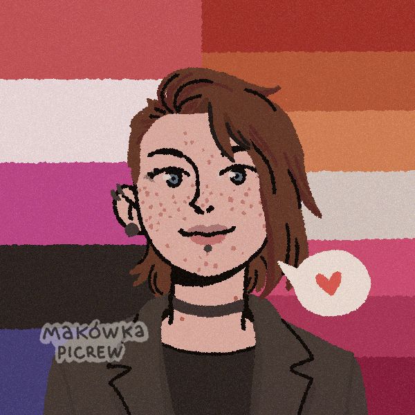 Court in a picrew me with a genderfluid and lesbian flag in the background wearing a black jacket a black shirt and a black necklace with brown hair and blew eyes and a heart talk bubble 