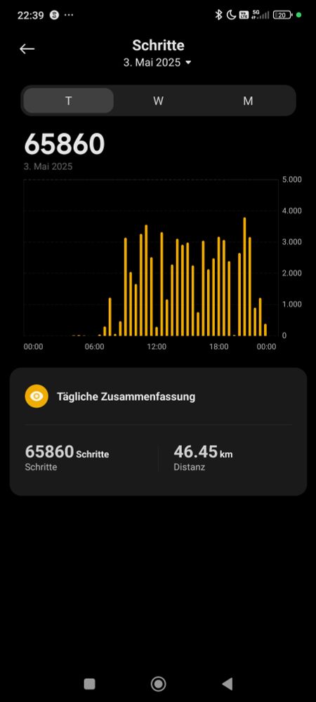 Zusammenfassung einer Schrittzähler-App mit 65860 Schritten und 46,45km