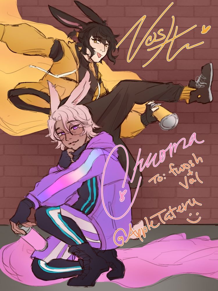 two viera boyos vosh is from @fwoshy.bsky.social‬ and chroma is from @palafar.bsky.social‬! vosh is a black hair, fair skinned, viera with a yellow hoodie and black pants. He is posed dynamically jumping through the air while sticking his tongue out at the viewer and spray painting the brick wall yellow. Chroma however! a pink hair, darker skin viera with a purple hoodie and black under clothing, is pulling down his mask giving a sweet smile at the viewer while he finished spraying the ground with pink spay paint! 

To Fwosh - Thank you for creating lofi, really I made a lot of friends there and I like seeing all the creatives in the same space. I love your art so much and how beautiful your lines are for each character!

To Val - Serial doodler fr fr, your expressions are on point and you are able to mimic any character in a chibi like form no matter what emote people give you. Your sketches are amazing and so full of the character's personality. 

<3 Hope to see more from the both of you! 