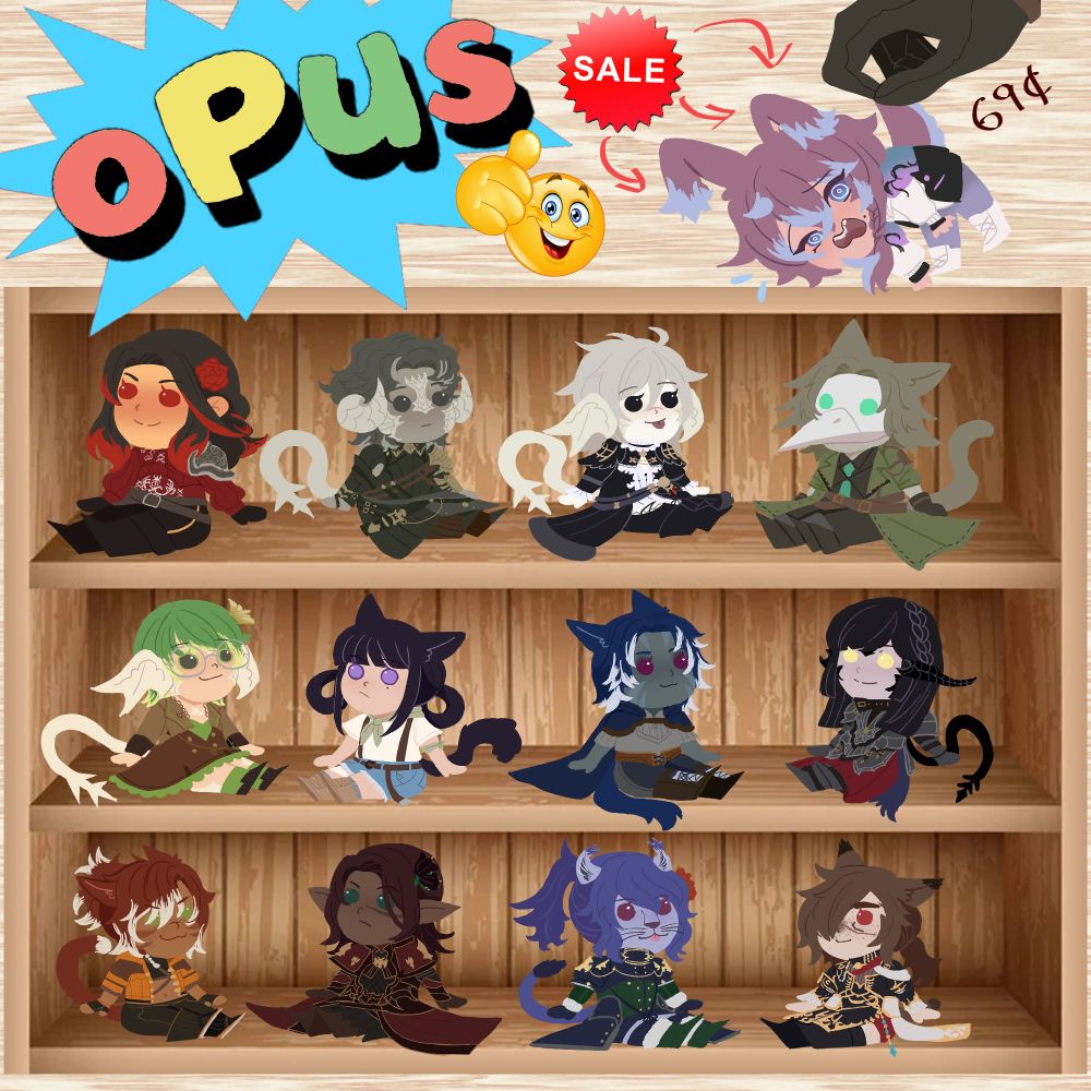 lineless chibis on the shelf all on sale for 69 cents there are 13 chibis in total, one viera being held up by the tail, first row of the shelf consist of a hyur, 2 au ra and a miqo, 2nd row consist of 2 au ra and 2 miqos, last row consist of 2 miqo, 1 elezen and 1 hrothgal