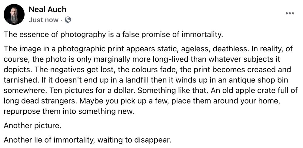 The essence of photography is a false promise of immortality.

The image in a photographic print appears static, ageless, deathless. In reality, of course, the photo is only marginally more long-lived than whatever subjects it depicts. The negatives get lost, the colours fade, the print becomes creased and tarnished. If it doesn't end up in a landfill then it winds up in an antique shop bin somewhere. Ten pictures for a dollar. Something like that. An old apple crate full of long dead strangers. Maybe you pick up a few, place them around your home, repurpose them into something new. Another picture. Another lie of immortality, waiting to disappear.