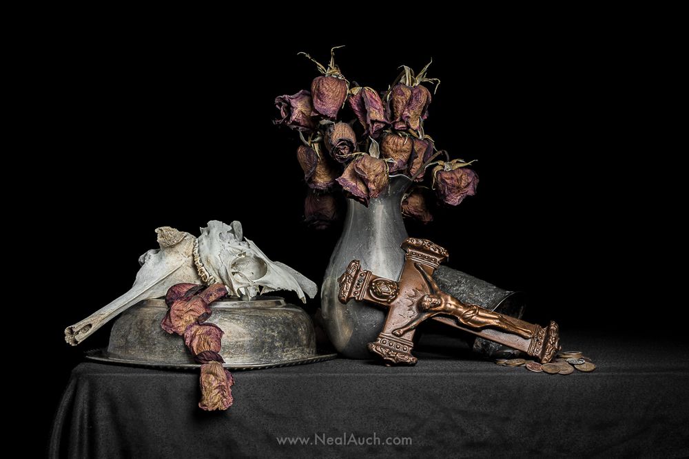 A vanitas with crucifix, roses, and coins. By Neal Auch.