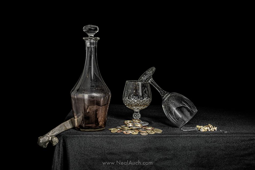 Vanitas with Coins, Teeth, and Shattered Glass. By Neal Auch.