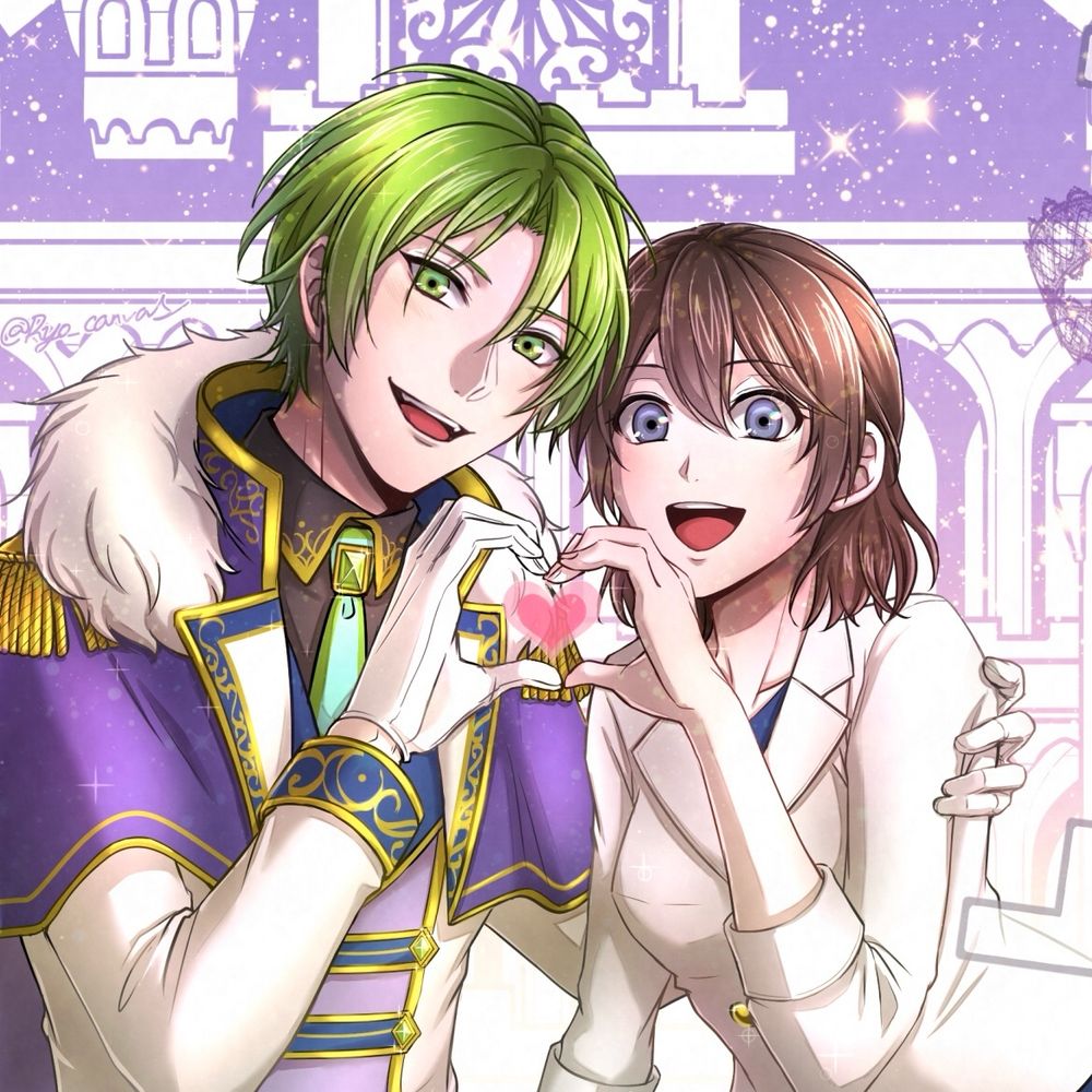 笑顔のリドが姫様を抱き寄せて2人でハートを作っています。