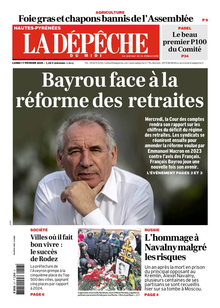 Une du jour du quotidien La Dépêche du midi avec le gros titre « Bayrou face à la réforme des retraites » avec une photographie du premier ministre l’air pensif.