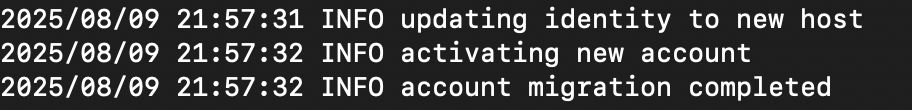 Screenshot of the logs from my completed account migration from the  BlueSky PDS to the BlackSky PDS