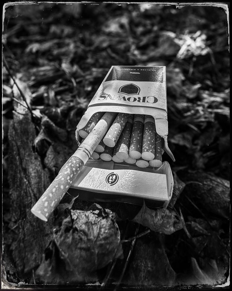 Black and white photo taken at a low angle of an open pack of Crown cigarettes lying on a leafy patch of ground. One cigarette is hanging pretty far out of the pack.