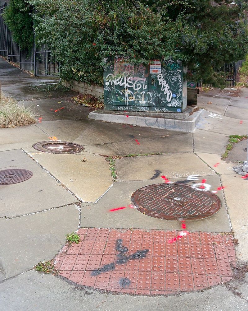 Color photo of a street corner in a city depicting a random arrangement of manhole covers, utility plates, patches of sidewalk, shrubbery, an electrical utility box, tufts of grass, graffiti, and markings in spray paint indicating underground utility conduit.