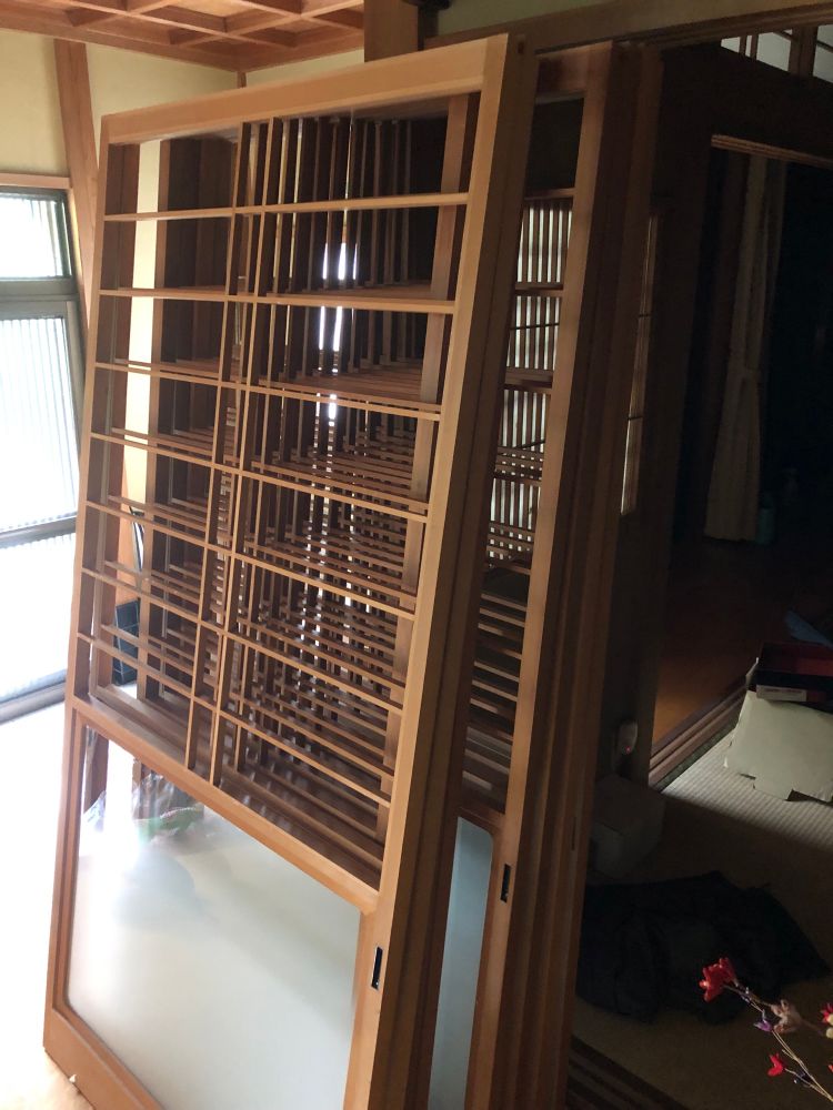 Japanese Shoji sliding doors waiting for new Shoji paper to be applied.