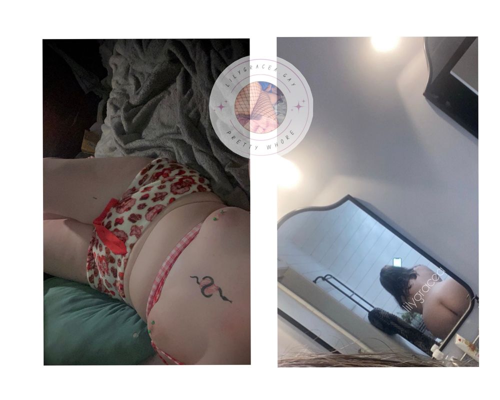 a collage of two nudes 
1. lily laying in bed wearing strawberry shortcake pajama shorts and a red and white (checkered?) tank top. The tank top is pulled down below her tits 
2. a post shower mirror picture of lily’s ass with her back arched 