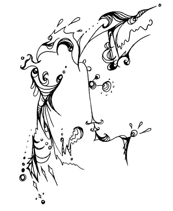 An abstract doodle of lines and squiggles, dots, and curls. Figures and faces could be discerned.