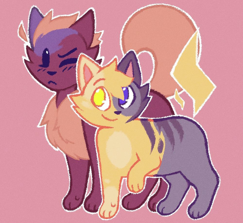 drawing of paintbrush and lightbulb from inanimate insanity as cats. lightbulb is rubbing up against paintbrush. 