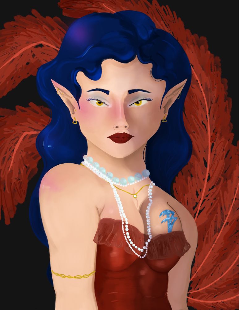A mark of shadow elf dressed in red silk and pearls. Her hair is blue-black and her eyes are golden. Feathers act as a background for her.