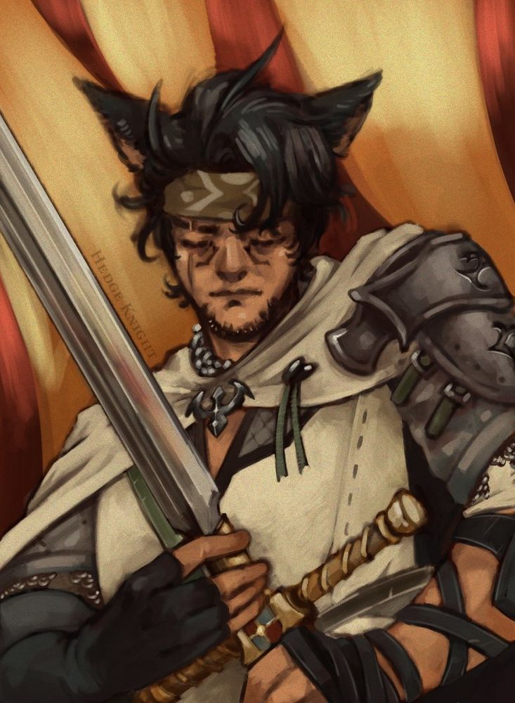 My artwork of my Warrior of Light, a handsome Miqo'te Lad 
