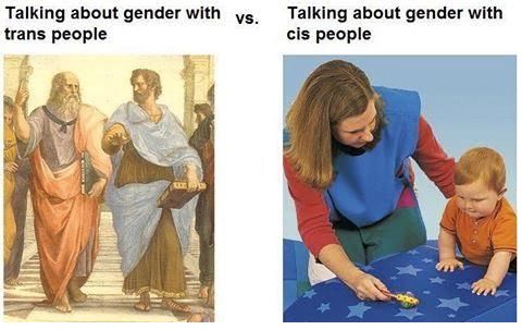 "talking about gender with trans people" (image of plato & aristotle from that one painting) vs "talking about gender with cis people" (image of an adult showing a toy to a child0