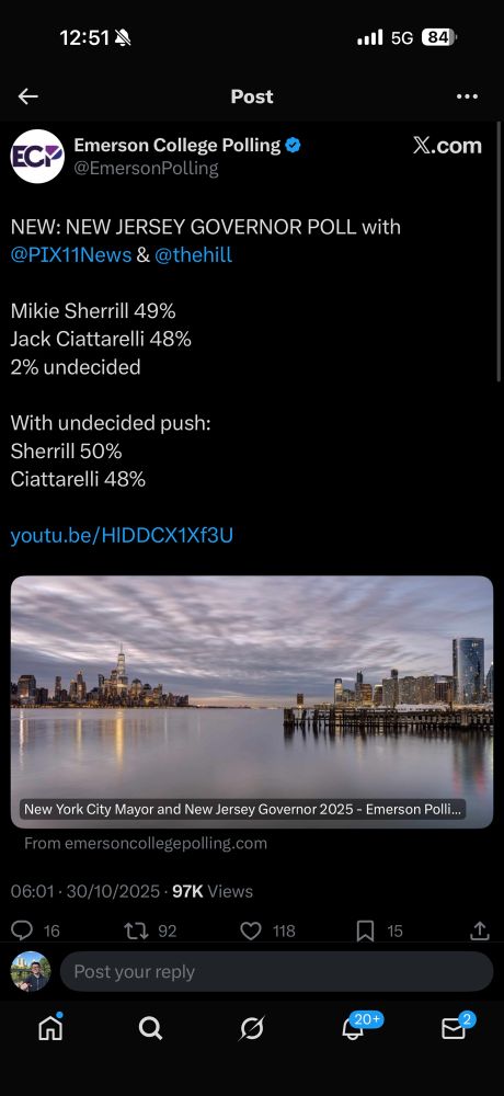 ECP
Emerson College Polling o
@EmersonPolling
NEW: NEW JERSEY GOVERNOR POLL with @PIX11News & @thehill
Mikie Sherrill 49%
Jack Ciattarelli 48%
2% undecided
With undecided push:
Sherrill 50%
Ciattarelli 48%
youtu.be/HIDDCX1X13U