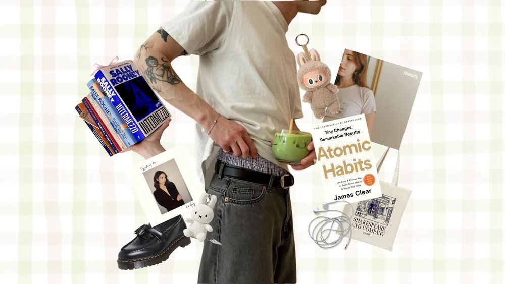 'perfromative male' illustration showing feminist literaure, a labubu, loafers, jean shorts and a plain tee, softcore music, totebag, matcha